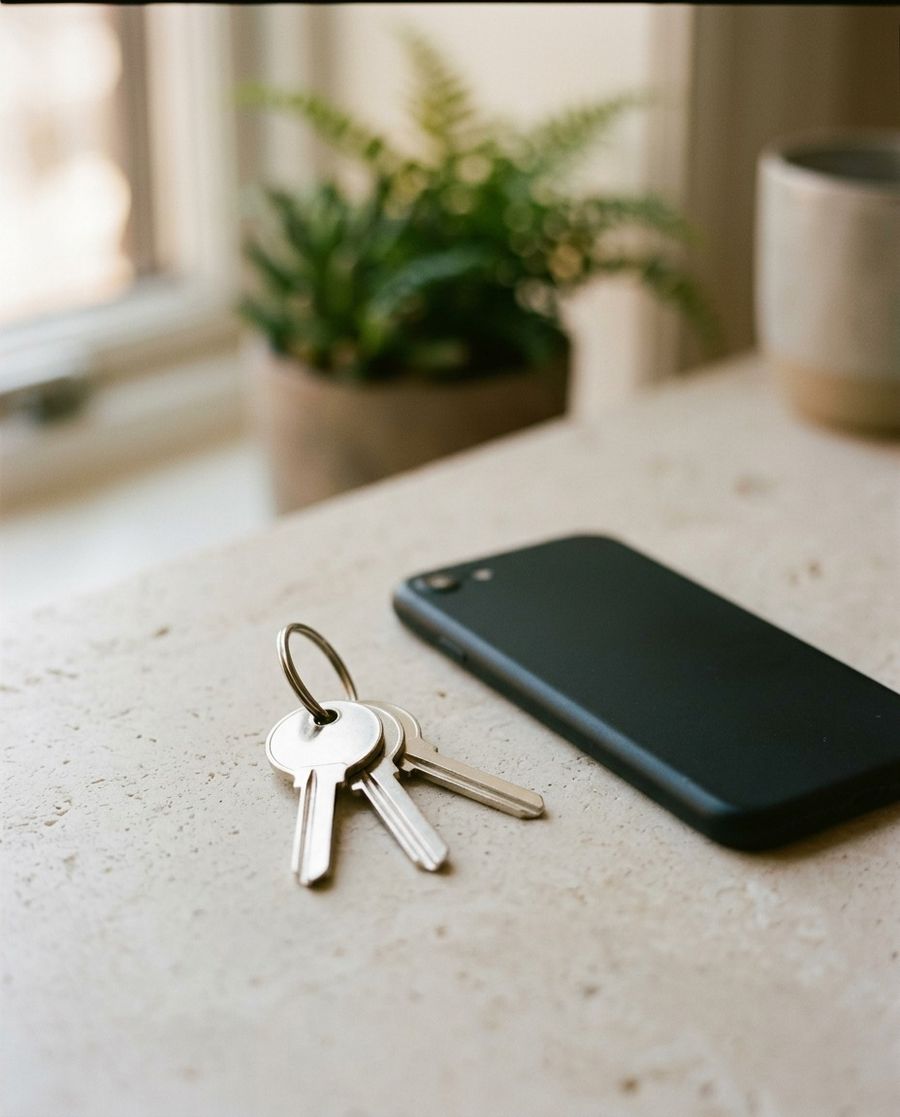 House keys and a phone on a countertop